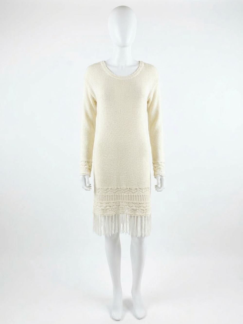 IXIAH Australia Designer Cream Fringe-Knit Midi Dress Beach Cover Resort Wear